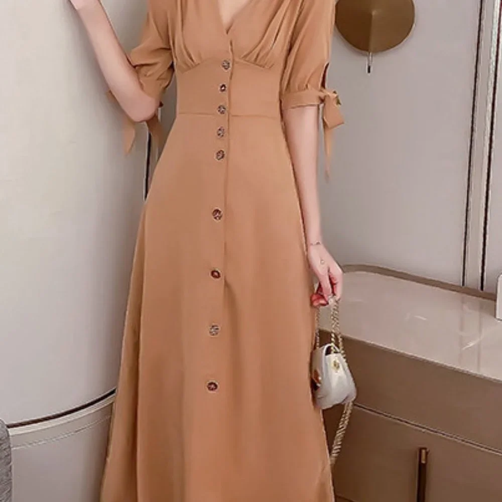 C050 Women Sexy Deep V neck Cotton Maxi Dress Short Sleeves Button Up Clothing - Picture 5 of 7